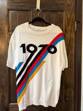 1970 Graphic Knit Short-Sleeve Shirt - White with Multicolor Stripes